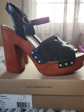 Lucky Brand Black Leather Platform Sandal with Wood Block Heel and Studs